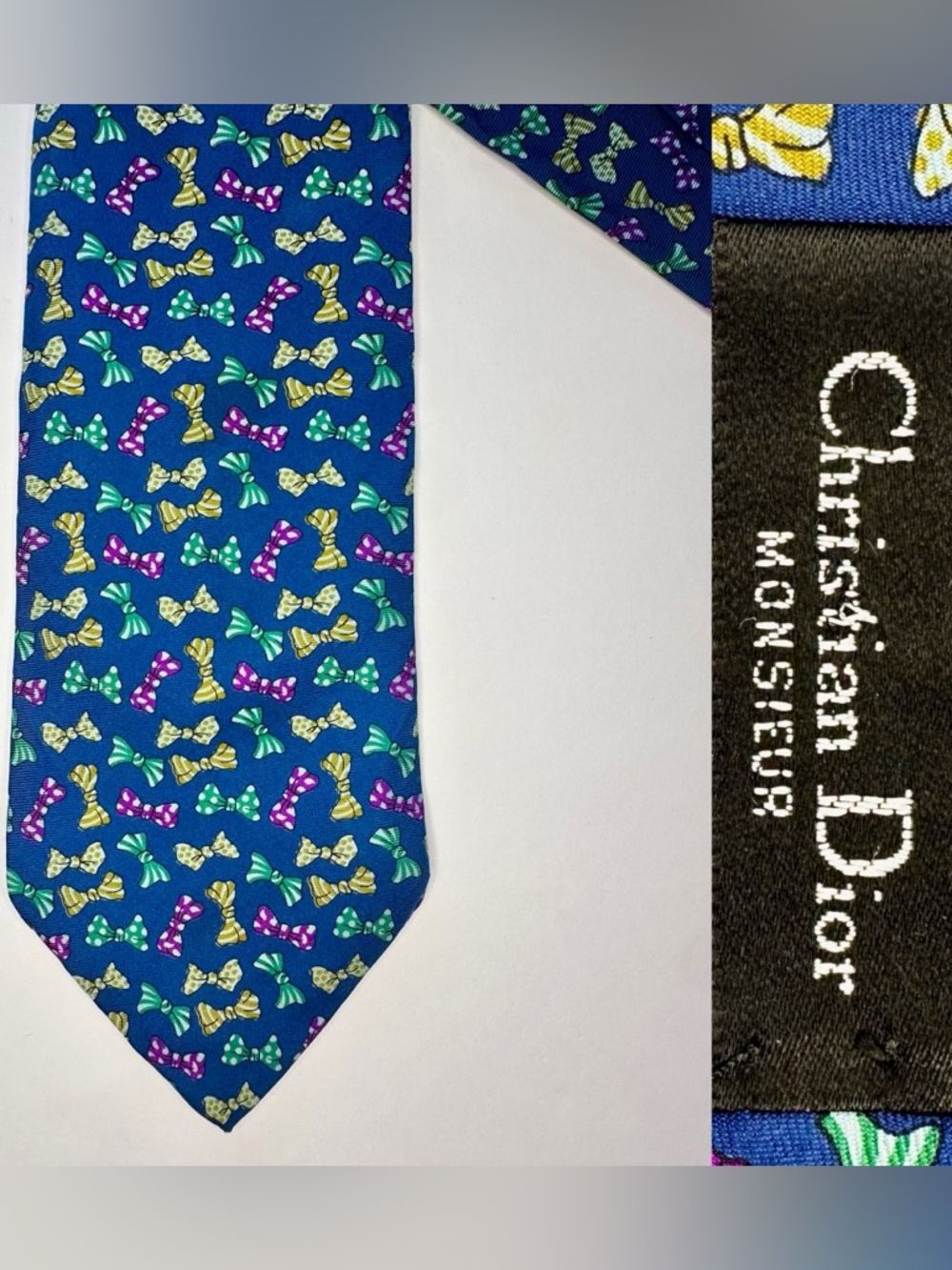 Vintage Christian Dior Monsieur 100% Silk Men’s Tie w/ Bow Tie Pattern